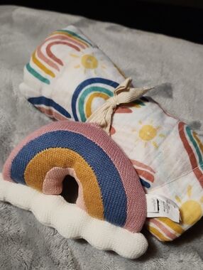 Mud Pie Rainbow Rattle and Muslin Swaddle - Pink/Blue/Gold/White